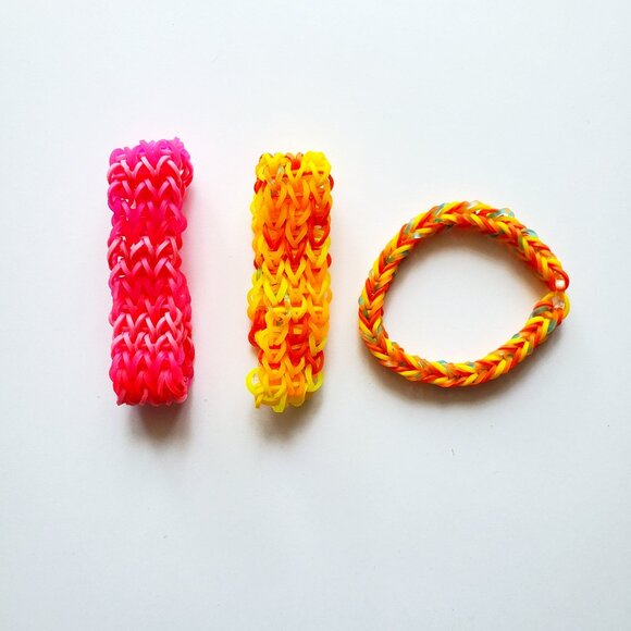 Handmade Festive Neon Pink and Orange Rainbow Loom bracelets - Picture 1 of 3